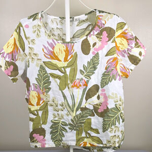 Rachel Zoe 1X Floral Scoop Neck Short Sleeve Pullover 100% Linen Blouse White